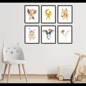 Baby Nursery Decor Farm Animals Floral Wreath Wall Art Prints 8.5x11 Set of 6